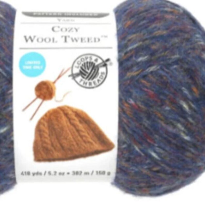 May include: A skein of blue, brown, and red yarn called "Cozy Wool Tweed" by Loops & Threads. The yarn is 410 yards / 6.2 oz / 382 m / 150 g.