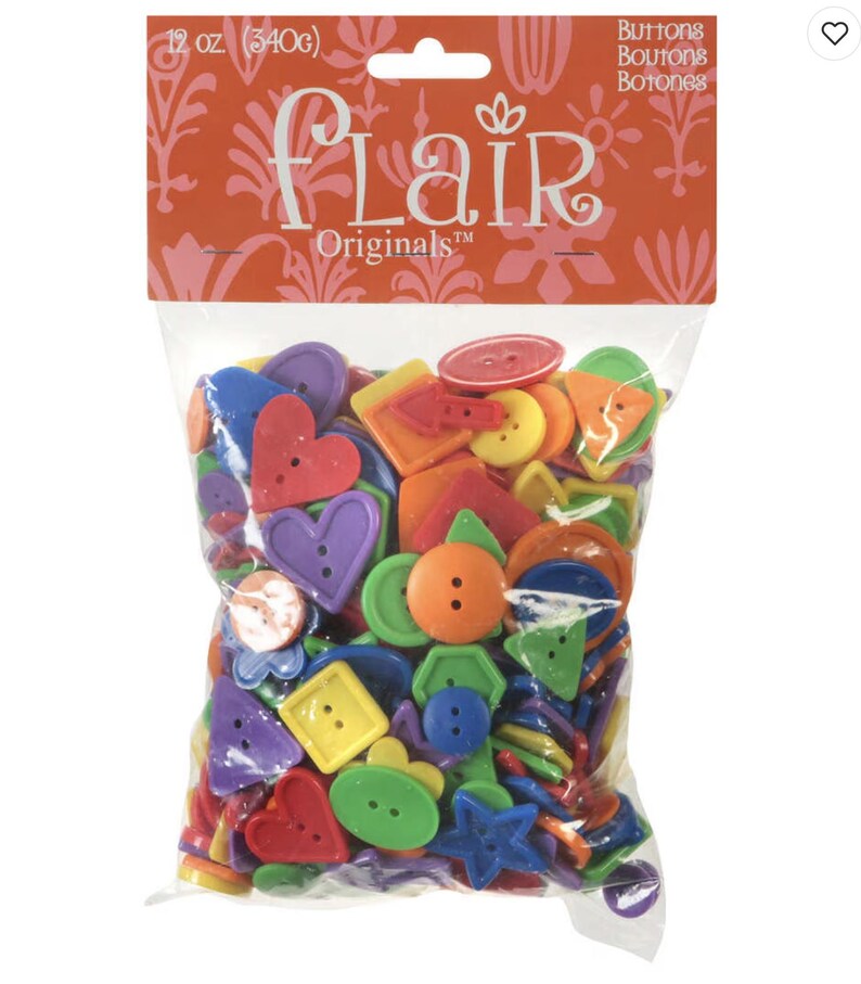 May include: A bag of 12 ounces (340g) of colorful plastic buttons in various shapes, including hearts, squares, circles, and stars. The bag is labeled "Flair Originals" and "Buttons, Boutons, Botones".