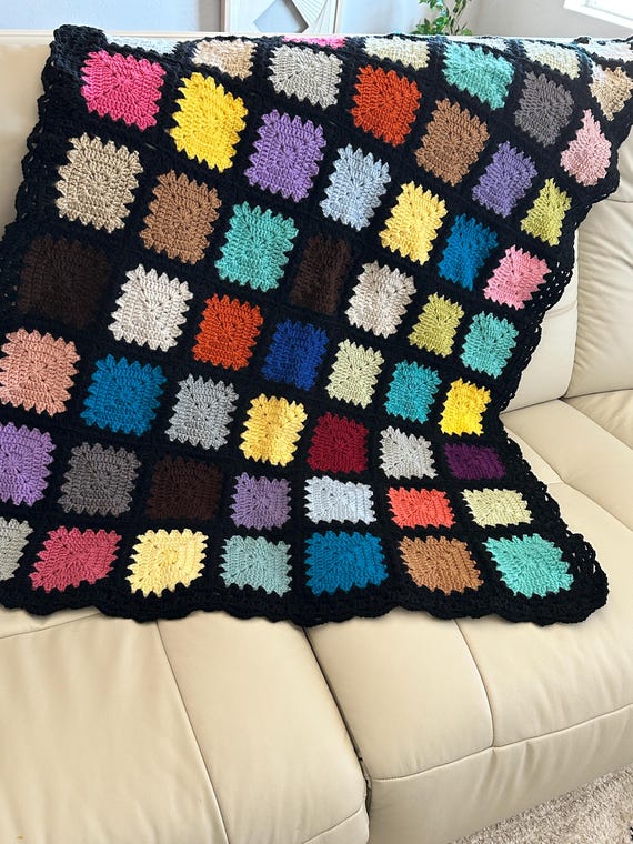 Handmade Crochet Granny Square Blanket – 41x55” – Colorful Throw