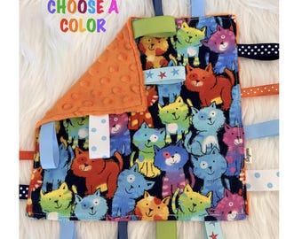 10x10" Baby Taggie Blanket | Sensory Crinkle Lovey | Minky Ribbon Blanket | Montessori Baby Toy | Baby Shower Gift | Security Blanket