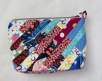 Handgemaakt patchwork zakje met rits | Gewatteerde tas met schoudertasje