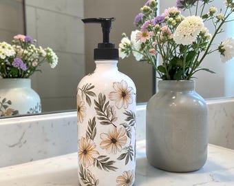 Painted Floral Soap Dispenser Bottle, Vintage Farmhouse, Rustic