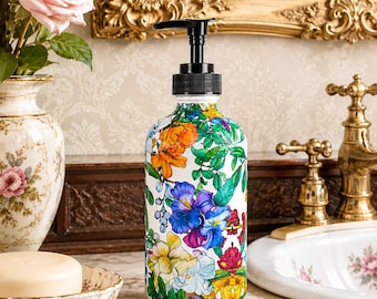 Handpainted Floral Glass Lotion Bottle 16 oz, Handmade Decoupage Botanical Dispenser, Luxury Decor, Cottagecore Housewarming Gift