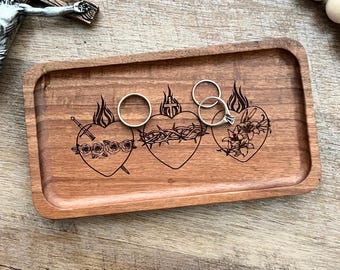 Holy Hearts Acacia Wood Ring Dish: Catholic Keepsake Tray