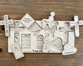 Puzzle Jésus « Je suis » pour enfants Puzzle en bois Bon Pasteur, Lumière du monde, Résurrection et vie, Vraie vigne, Chemin/Vie/Vérité