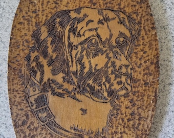 Vintage Oval Pyrography Dog Portrait Wood Burning Plague