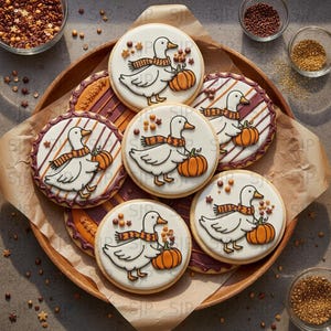 May include: A wooden tray holds several round sugar cookies decorated with a white duck wearing a scarf and holding an orange pumpkin. The cookies have a brown and white striped border. Small bowls of sprinkles surround the tray.