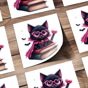 Cute Cartoon Black Cat Sticker, Cat with Heart Glasses and Cape, Halloween Kitten, Book Lover Sticker, Fun Cat Sticker