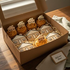 Puede incluir: Una caja de cartón marrón con tapa transparente contiene cupcakes y galletas con forma de casa. Los cupcakes tienen glaseado color caramelo y están cubiertos con pequeñas decoraciones de casas. Las galletas están decoradas para parecer casas. Una tarjeta dice "Welcome Home".