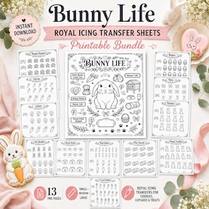 Bunny Royal Icing Transfer Sheets, Rabbit Cookie Decorating Printable PDF Bundle of PNGs
