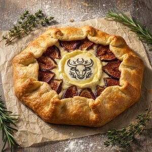 May include: A baked tart with a golden crust, filled with sliced figs and a creamy cheese center. The cheese is decorated with a bull's head design. The tart sits on parchment paper, garnished with sprigs of rosemary and thyme, on a wooden surface.
