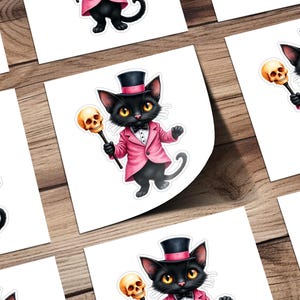 Cute Black Cat Sticker, Dressed Up Cat with Top Hat, Skull Staff Cat Sticker, Unique Cat Lover Gift, Gothic Cat Illustration
