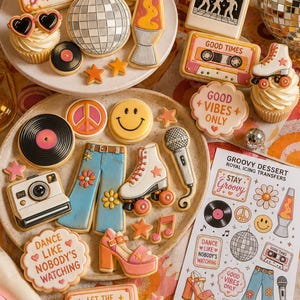 May include: A collection of decorated sugar cookies and a sheet of royal icing transfers featuring retro themes including a disco ball, lava lamp, roller skates, cassette tape, vinyl record, camera, microphone, platform shoes, and text.