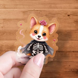 Cute Corgi Halloween Sticker, Skeleton Costume, Spooky Season Decor, Kawaii Dog Art, Funny Pet Sticker, Water Bottle Decal, Laptop Sticker