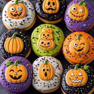May include: A collection of Halloween-themed donuts with various colored frostings, including white, black, purple, green, and orange. Each donut is decorated with a pumpkin-shaped cookie, featuring different facial expressions. Sprinkles add colorful accents.