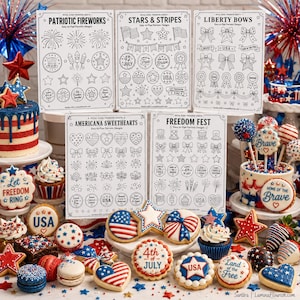 May include: A festive display of patriotic treats and decorations. The image features cookies, cupcakes, and a cake decorated with red, white, and blue icing. There are also stencils with patriotic designs. The overall theme is a celebration of American Independence Day.