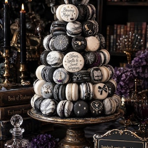 May include: A conical tower of black, white, and marbled macarons arranged on a gold pedestal stand. Several macarons feature printed designs including spiderwebs, bows, stars, hearts, and text reading Brewing Magic and Stories, Spells & Sweet Surprises.