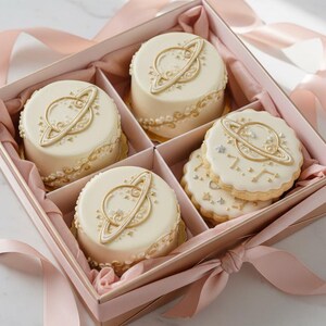 Peut inclure: Une boîte cadeau rose contenant quatre petits gâteaux ronds et deux biscuits. Les gâteaux et les biscuits sont décorés d'un motif de planète doré. La boîte est nouée avec un ruban rose. Les gâteaux sont blancs avec des détails dorés.