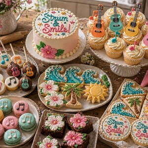 Può includere: Una collezione di dolci decorati, tra cui una torta con la scritta "Strum & Smile!", cupcakes con decorazioni a forma di chitarra, biscotti a forma di onde, fiori e palme e macarons con note musicali.