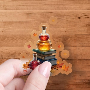 Potion Bottles Sticker, Stacked Books, Autumn Leaves, Witchcraft Aesthetic, Magical Stickers, Fantasy Decal, Fall Sticker, Unique Sticker