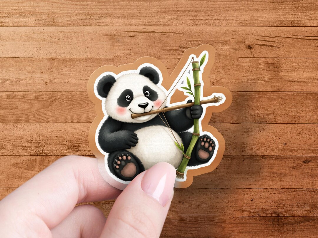 Panda Archer Sticker, Cute Animal Art, Panda With Bow, Bamboo, Panda ...