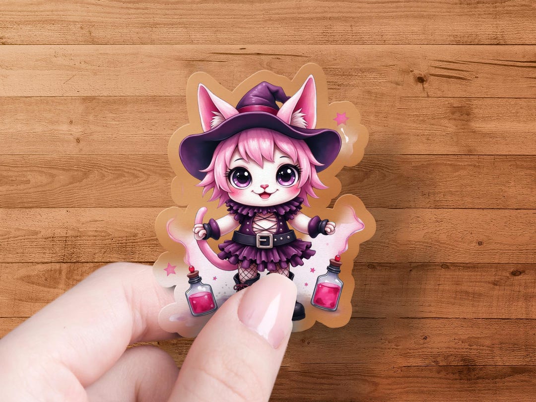 Cute Witch Cat Sticker, Halloween Kitten Sticker, Kawaii Animal Sticker ...