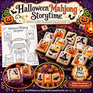 Puede incluir: Una colección de descarga digital titulada Halloween Mahjong Storytime con transferencias de glaseado real. El set incluye una plantilla de arte lineal en blanco y negro, galletas decoradas con fantasmas, calabazas, murciélagos y dulces, y 10 hojas PNG.
