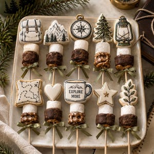 May include: Ten wooden skewers arranged on a tray, each featuring a decorated cookie, a white marshmallow, and a chocolate-dipped pretzel, tied with a green ribbon. Cookie shapes include a backpack, mountain, compass, tree, lantern, map, heart, mug with text 'EXPLORE MORE', star, and leaf.
