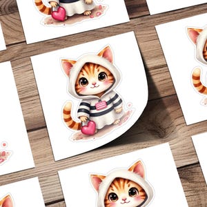 Cute Cartoon Cat Sticker, Adorable Cat in Hoodie, Kawaii Cat with Heart, Anime Style Cat Sticker, Perfect for Laptops, Water Bottles