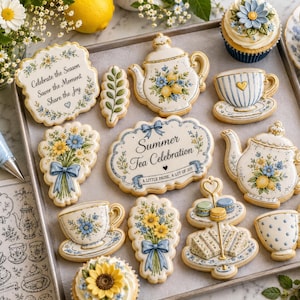 Tea Time Royal Icing Transfers, Tee-Party-Cookie-Dekorationen, Teetassen Teekannen Sandwiches, Brautparty Cookie Decor, druckbare Zuckerguss-Bogen
