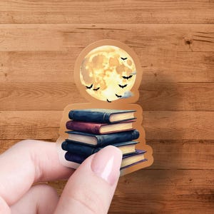 Halloween Book Stack Sticker, Full Moon Bats Sticker, Spooky Season Stickers, Gothic Book Lover Sticker, Aesthetic Stickers for Laptop