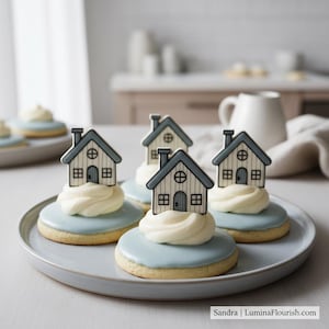 May include: A plate of decorated biscuits. Each biscuit has a light blue glaze, topped with white buttercream and a small house-shaped decoration. The house decorations are white with grey roofs and black details. The biscuits are arranged on a grey plate.