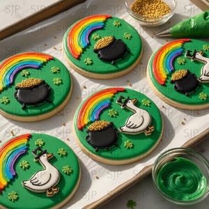 St Patrick's Geese Royal Icing Transfers, Rainbow Pot of Gold Cookie Decorating (Digital Download)