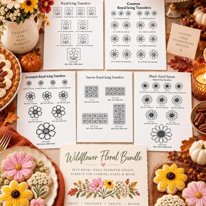 May include: A Wildflower Floral Bundle set featuring five white sheets with black line art for royal icing transfers, including Cosmos, Coreopsis, Yarrow, and Black-Eyed Susan designs with dimensions in cm, alongside decorated sugar cookies.