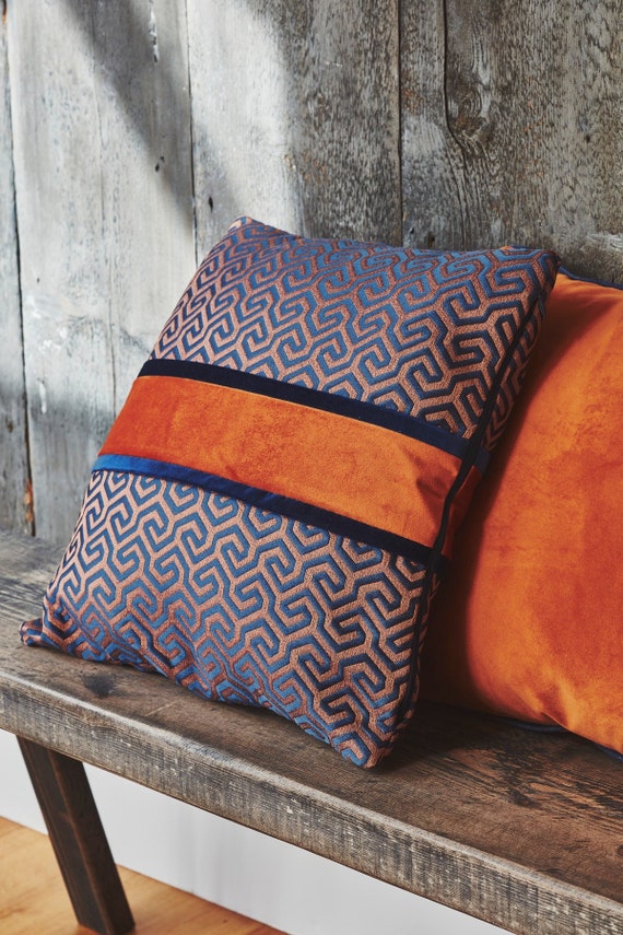 Square Cushion Patterned Blue and Orange Colours With Filling. Etsy