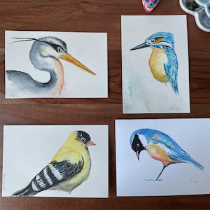 Conjunto de cartões de felicitações de pássaros em aquarela - 4 cartões com envelopes - interior em branco - Impressões de arte original - Cartões feitos à mão. Conjunto verão 2021