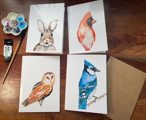 Watercolor Birds and Bunny Cards  with Envelopes - Collection 1-Blank Inside - Prints of Original Art - Hand-Made Cards. 2025