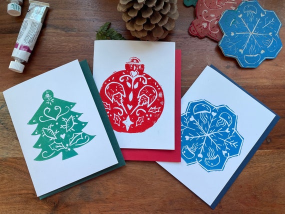 Christmas Cards - Set of 3 Cards - Original Hand Made Linocut Print - Horseshoe Crab, Jellyfish, Blue Crab
