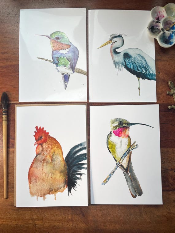 Watercolor Birds Cards with Envelopes -  Pick a Set of 4 or Your Favorite Single Card - Prints of Original Art - Hand-Made Cards