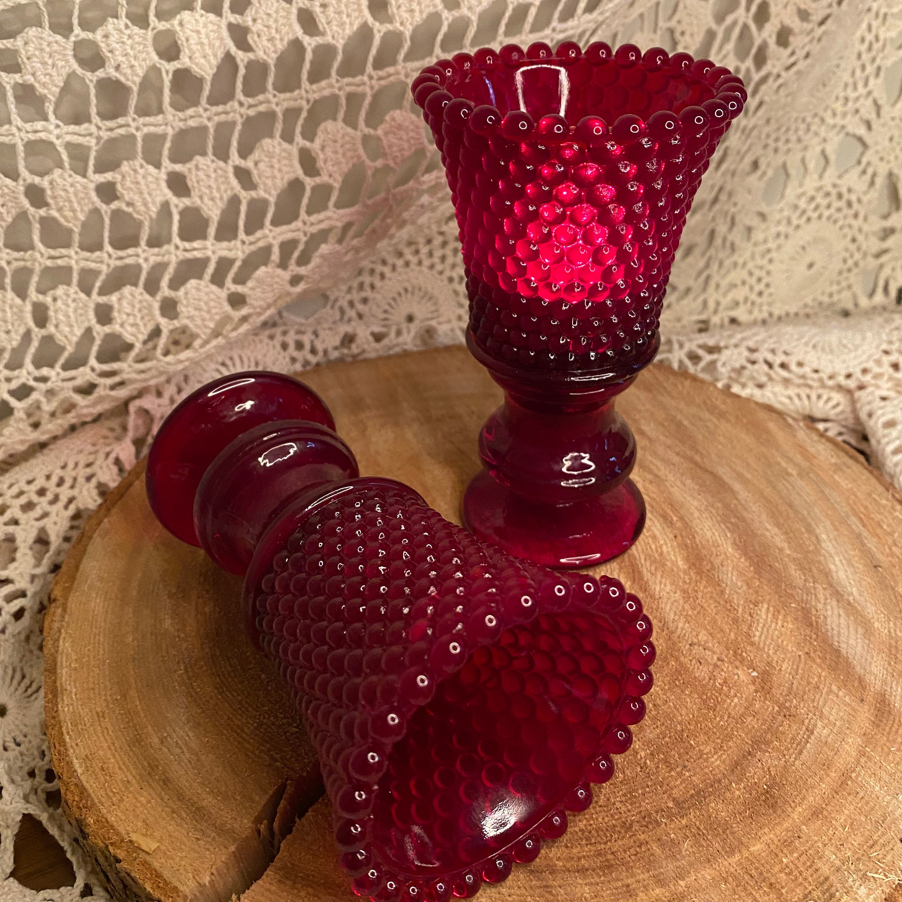 Pair of Deep Red Vintage Hobnail Candle Holders Etsy UK