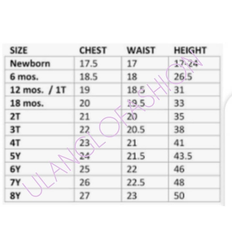 May include: Size chart for children's clothing with measurements for chest, waist, and height in inches. Sizes range from newborn to 8 years.