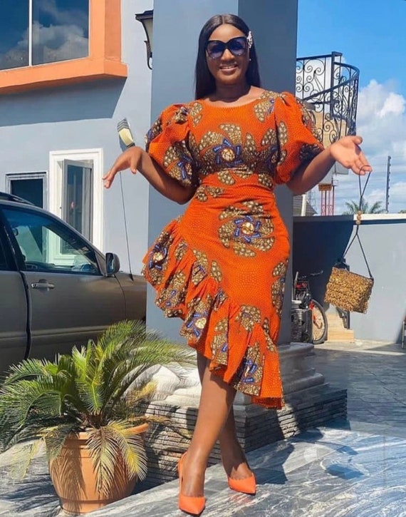 African Print Midi Dress: Asymmetric Ruffle Hem