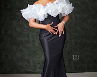 Black Mermaid Gown: Handmade Formal Dress with White Ruffle