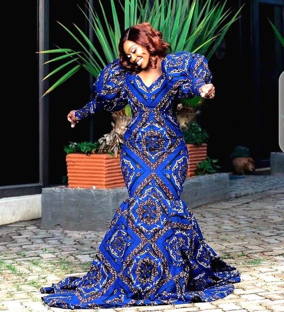 Blue African Print Mermaid Gown: Fit and Flare Gala Dress - Etsy