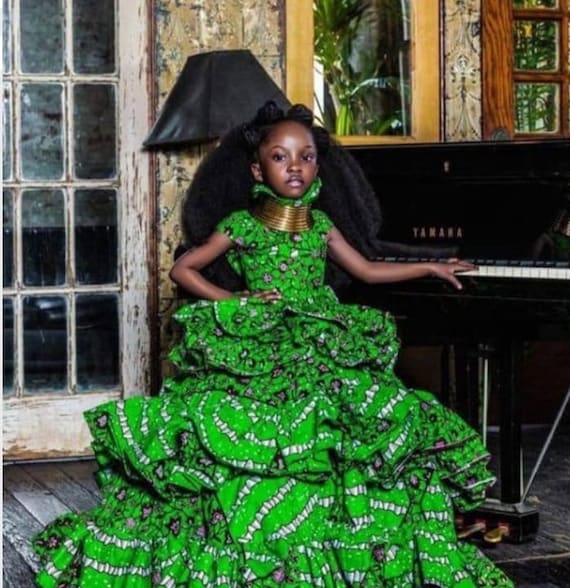 Green African Print Girls Dress: African Princess Ball Gown for Pageant, Birthdays, Graduation