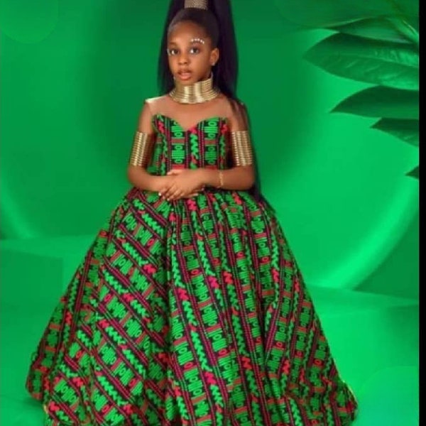 Robe africaine verte pour concours de beauté, robe d'anniversaire africaine pour enfants, robe de princesse africaine, robe africaine pour filles, tenue de filles africaines