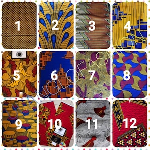 May include: Twelve different fabric swatches with numbers 1 through 12 printed on them. The fabrics are all colorful and patterned, with a variety of geometric and floral designs.