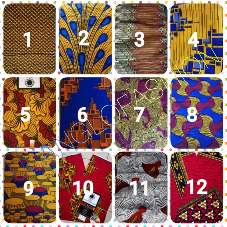 May include: Twelve different fabric swatches with numbers 1 through 12 printed on them. The fabrics are all colorful and patterned, with a variety of geometric and floral designs.