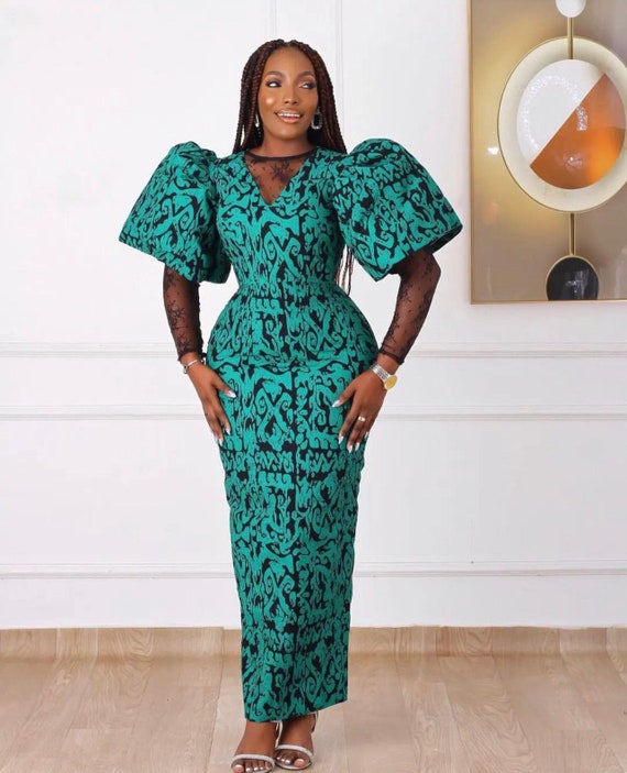 African Print Pencil Dress: Puffy Sleeve Red Carpet Gown - Etsy