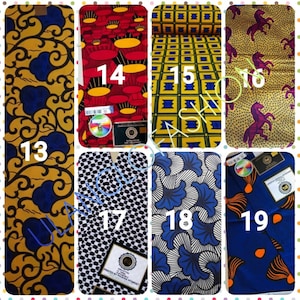 May include: A collage of nine different fabric swatches with various patterns and colors. The swatches are numbered 13 through 19. The fabric patterns include swirls, squares, and floral designs.